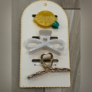 NWT Capelli New York Hair Clip Set of 3 - Yellow lemon, White bow, Gold twist